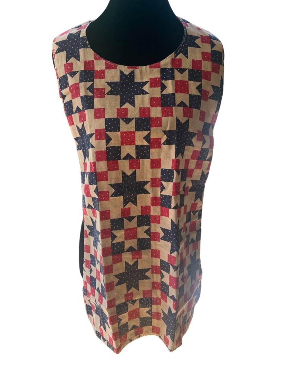 Patriotic Star & Checkered Red Blue Tan Sleeveless Apron Top Handmade Cotton